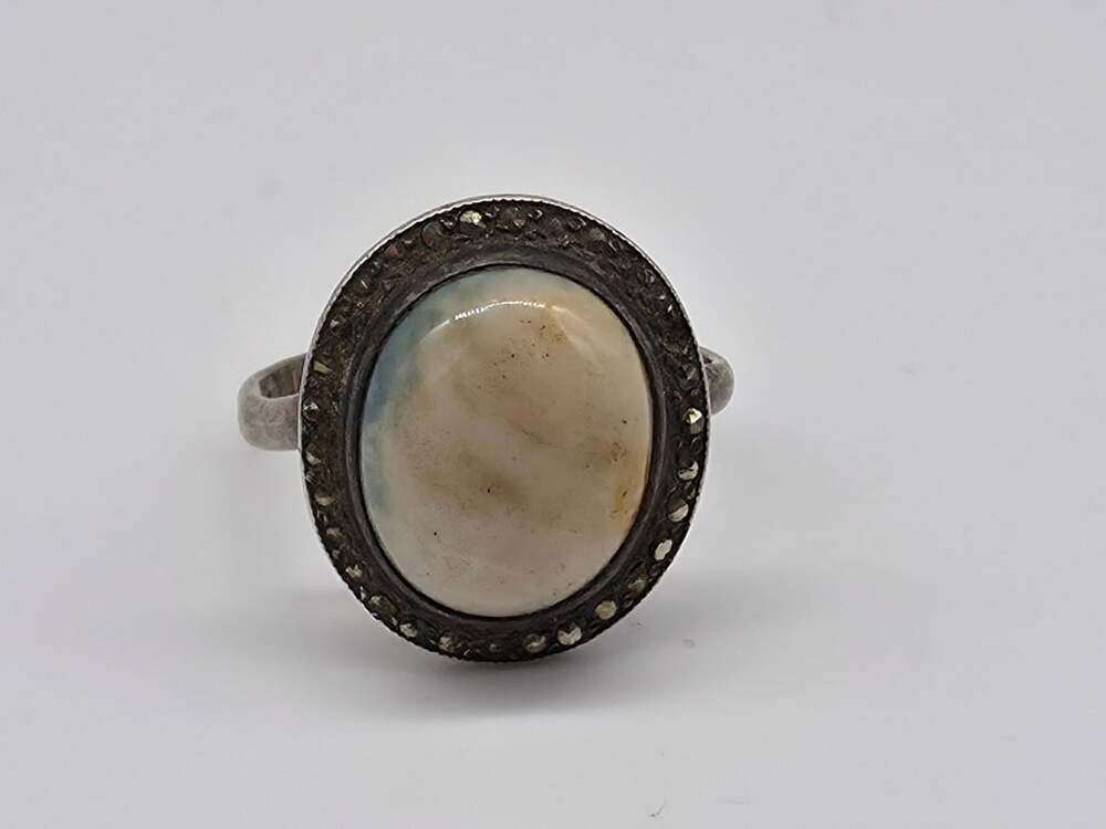 Vintage Sterling Silver Oval Mother of Pearl and Marcasite Halo Ring